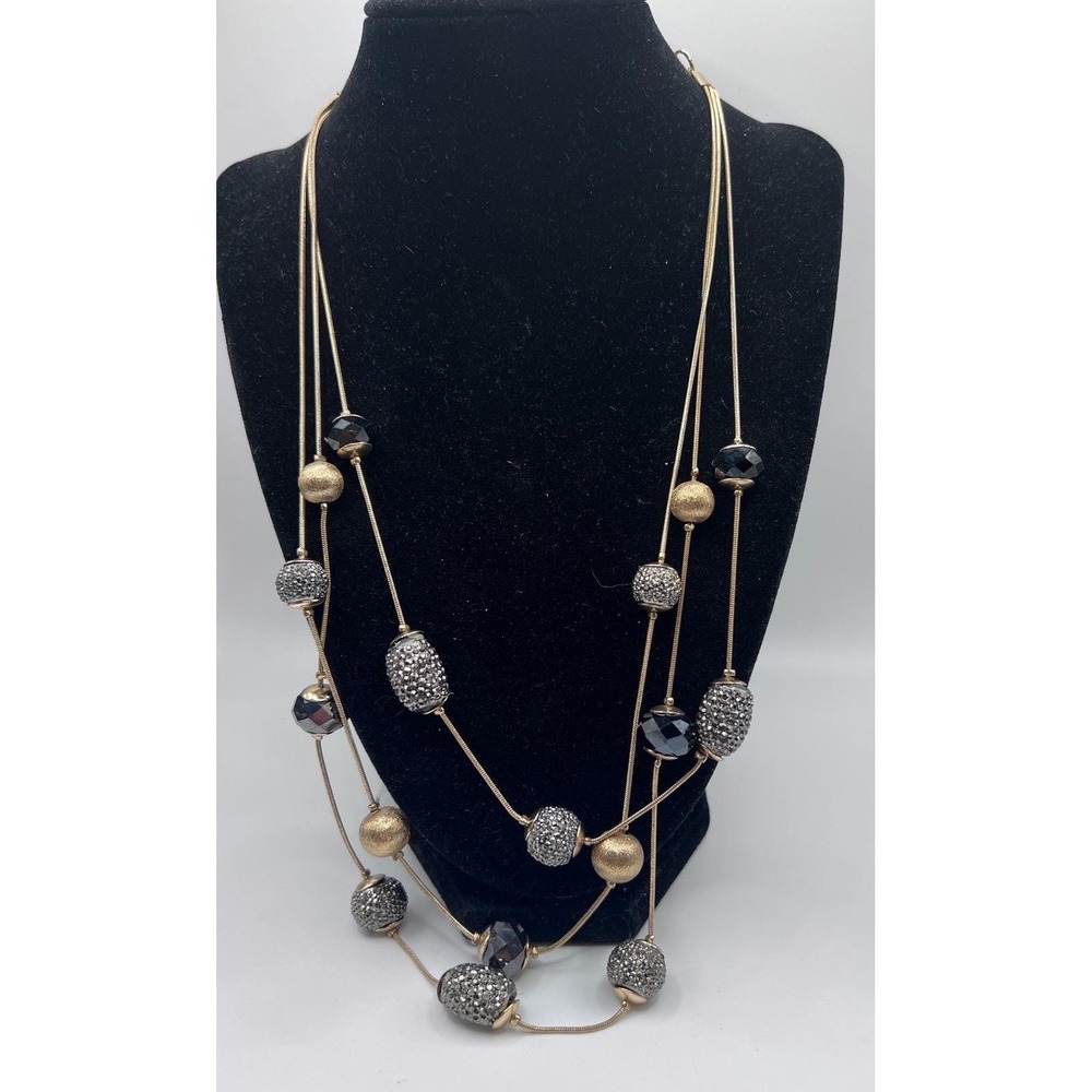 Layered Gold Tone Necklace Triple Strand‎ Faceted Beads Pavé Accents